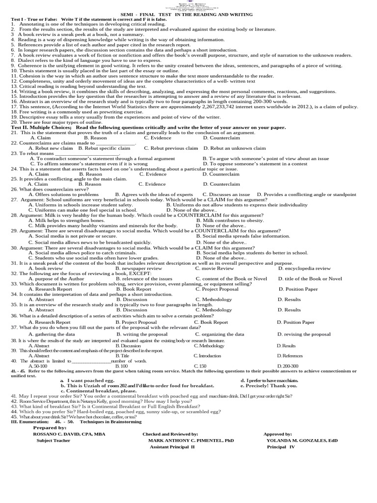 SECOND SEM. Fourth Quarter Exam | PDF | Proposition | Argument