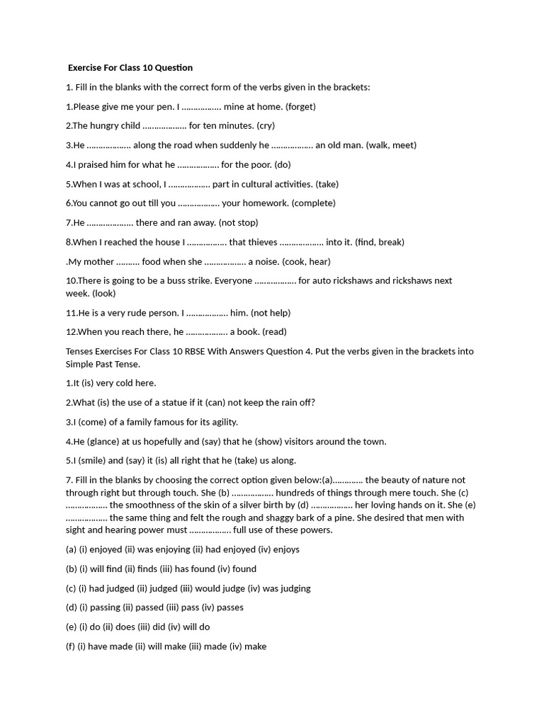 Tenses Exercise For Class 10 Question | PDF