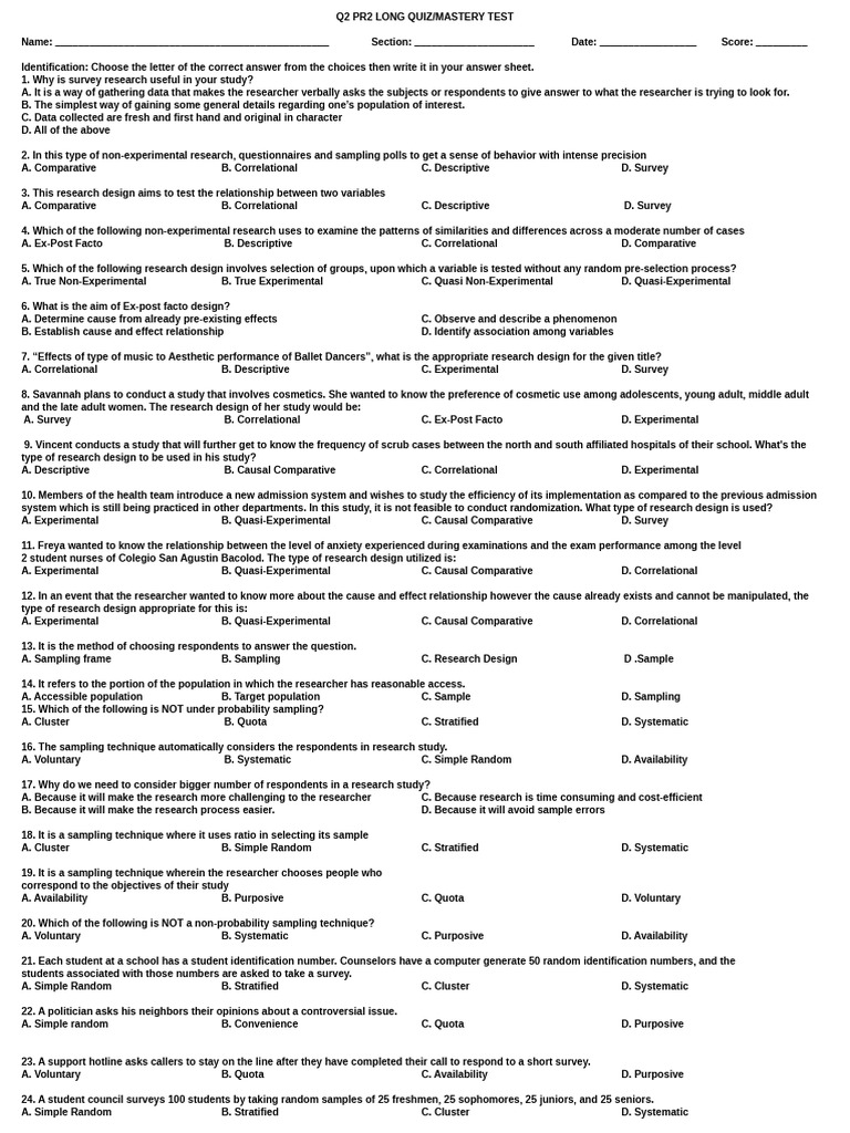 MASTERY TEST Q2 PR2 Final | PDF | Sampling (Statistics) | Student's T Test