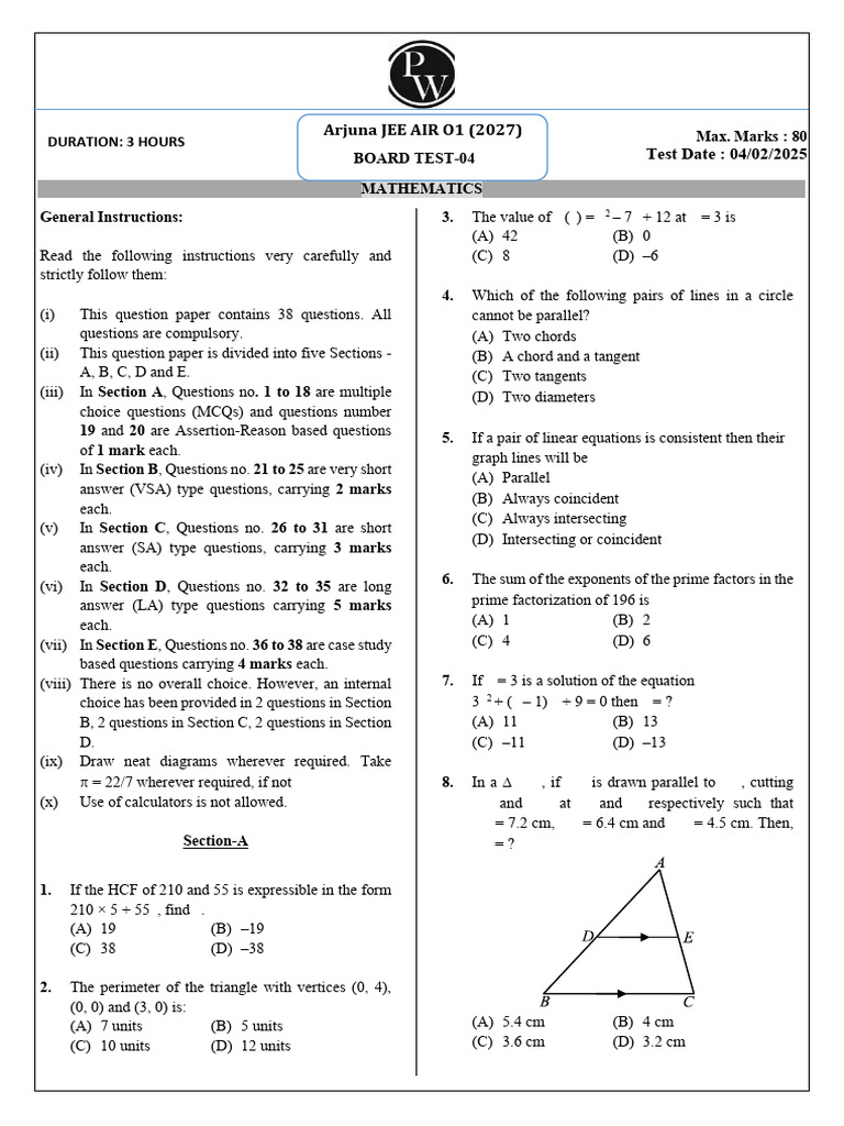 Board Test 04 Mathematics Test Paper Arjuna JEE AIR O1 (2027) | PDF ...