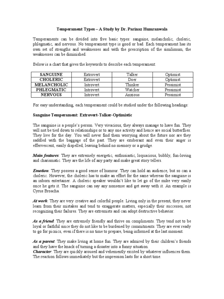 Temperament Types Pdf Temperament Anxiety