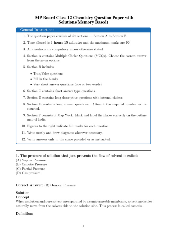 MP Board Class 12 Chemistry Paper Answer Keys | PDF | Nucleic Acids ...