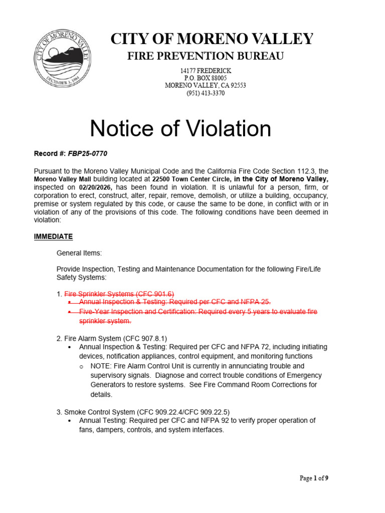 Notice of Violation To Moreno Valley Mall | PDF | Fire Sprinkler System ...