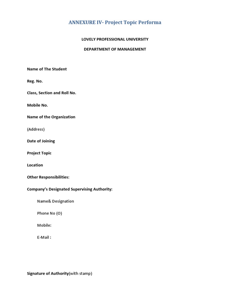Project Topic Performa Template | PDF | Career & Growth