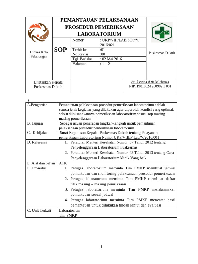 8.1.2.3 Sop Pemantauan Pelaksnaan Prosedur Pemeriksaan Lab | PDF