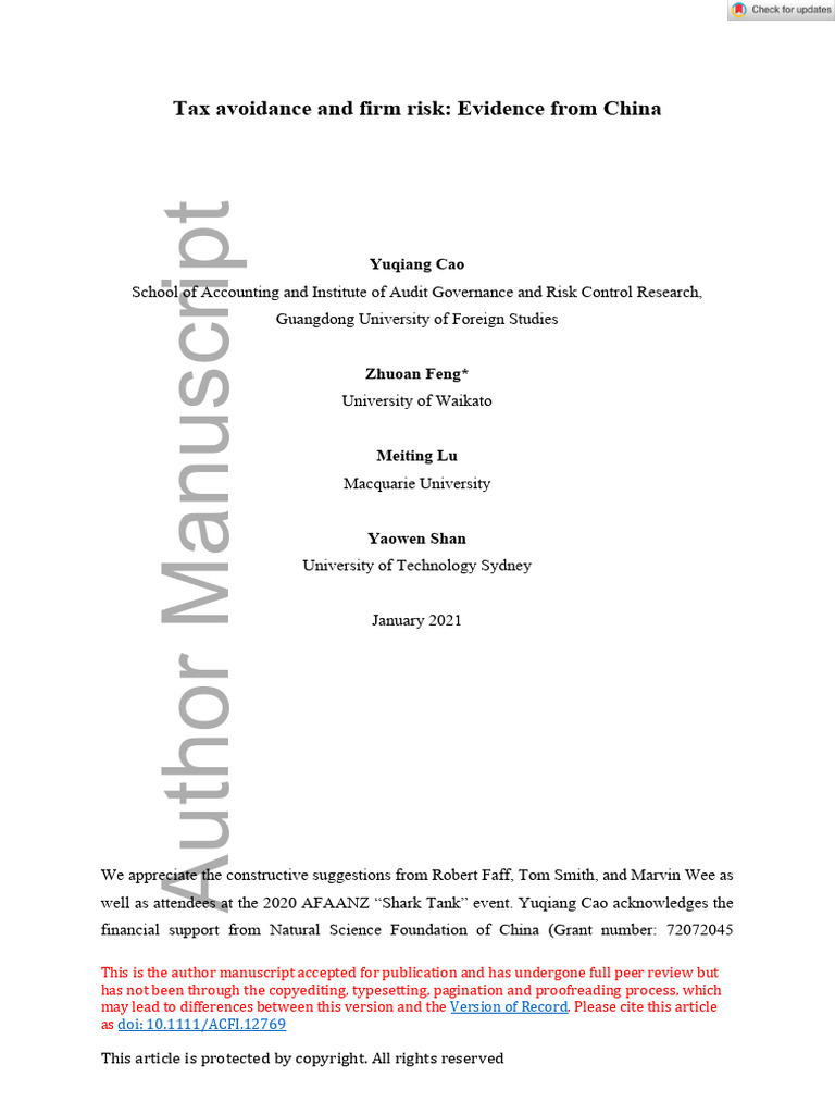 Cao 2021 - Tax Avoidance and Firm Risk Evidence From China | PDF ...