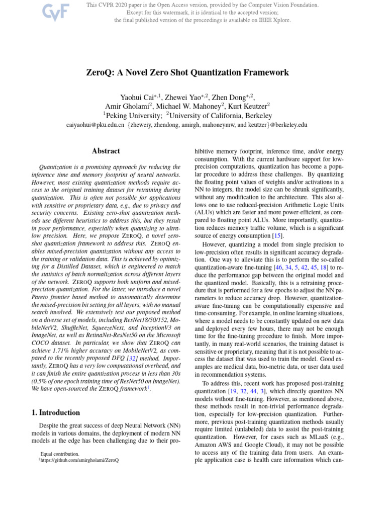 Cai ZeroQ A Novel Zero Shot Quantization Framework CVPR 2020 Paper ...
