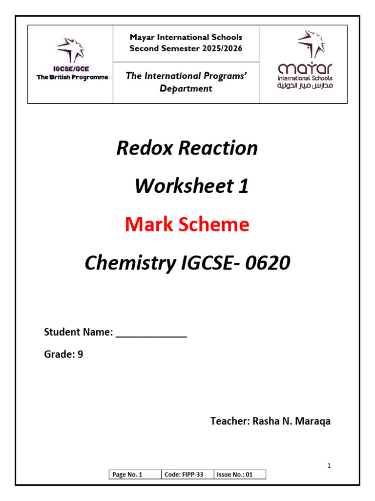1 - Worksheet 1 - Redox Reaction - MS | PDF | Redox | Chemical Reactions