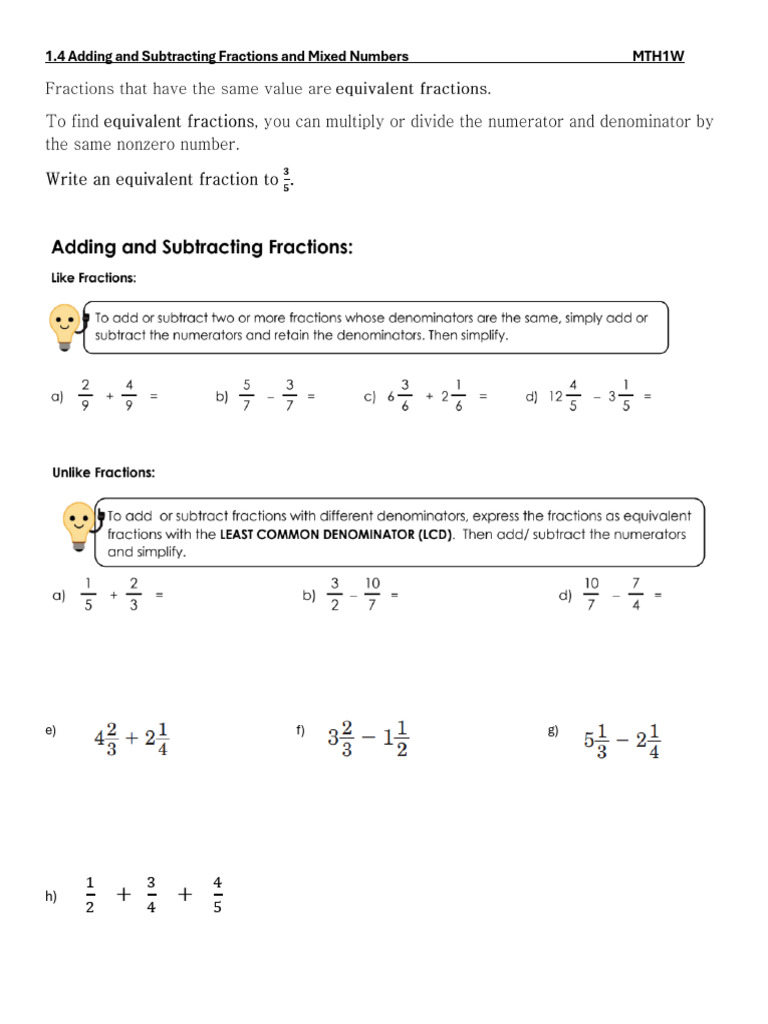 1.4 Adding and Subtracting Fractions and Mixed Numbers 2025 | PDF