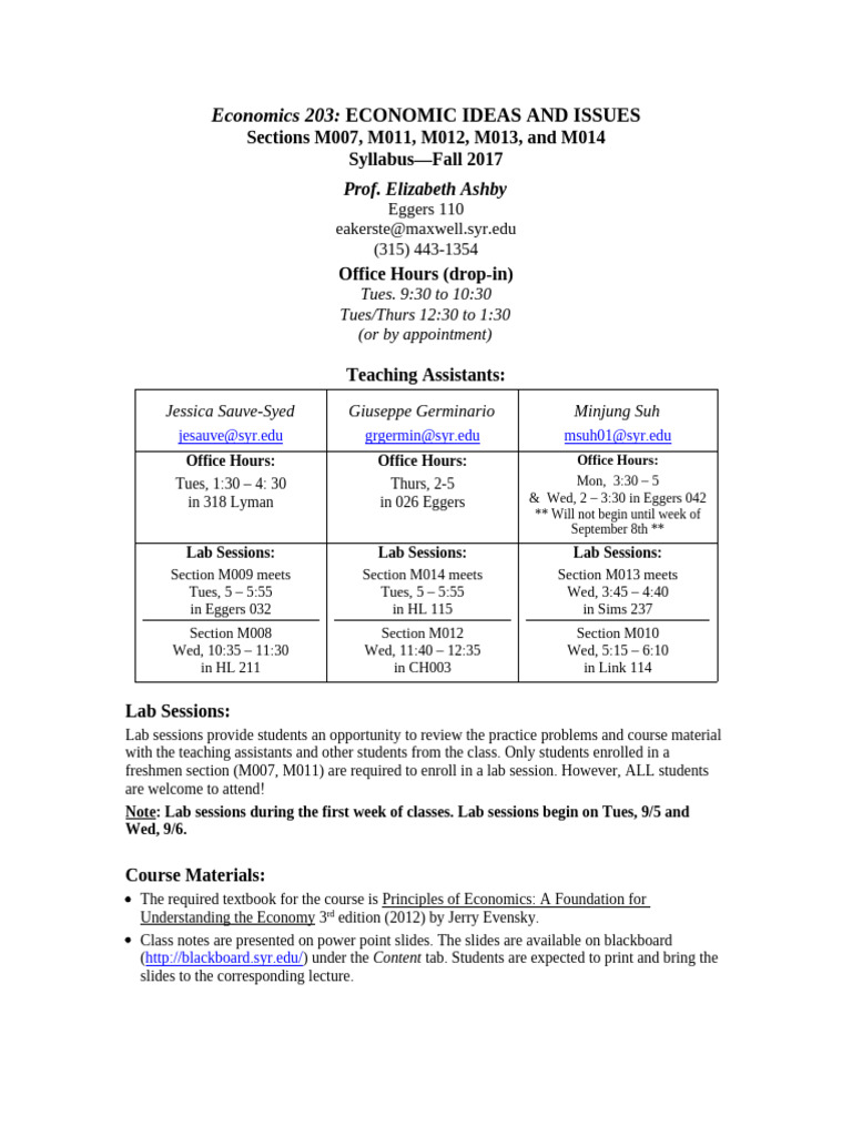 Economics 203 Syllabus Fall 17 | PDF | Market (Economics) | Macroeconomics