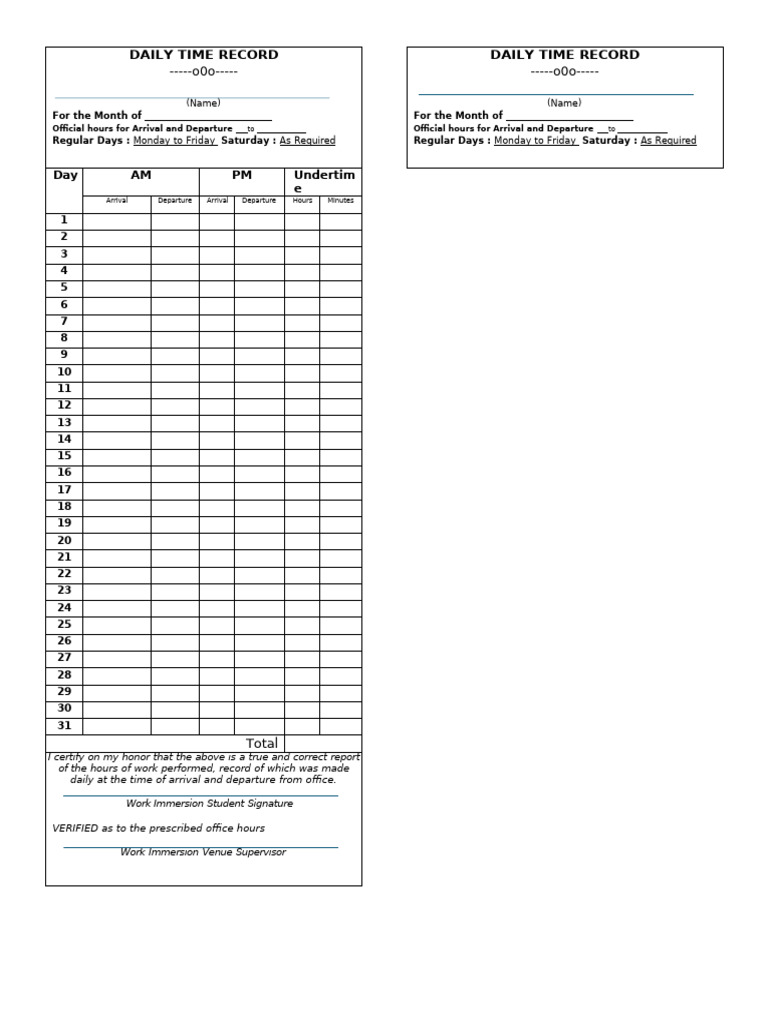 Work Immersion... Daily Time Record | PDF