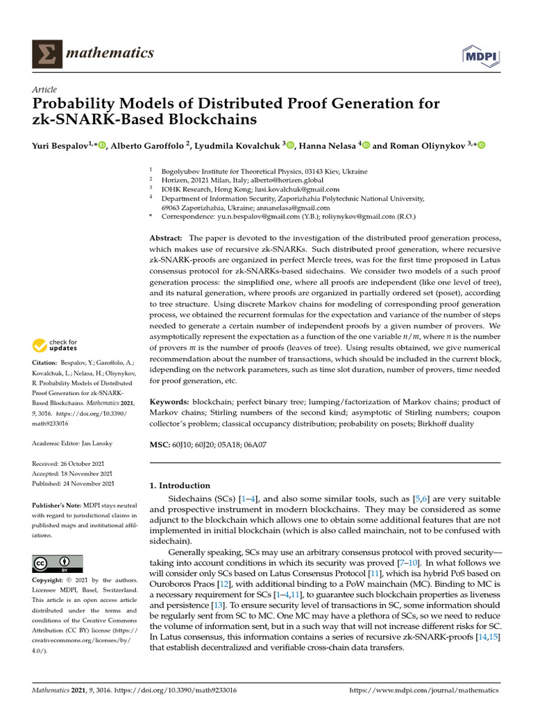 Y. Bespalov - Probability Models of Distributed Proof Generation For Zk ...