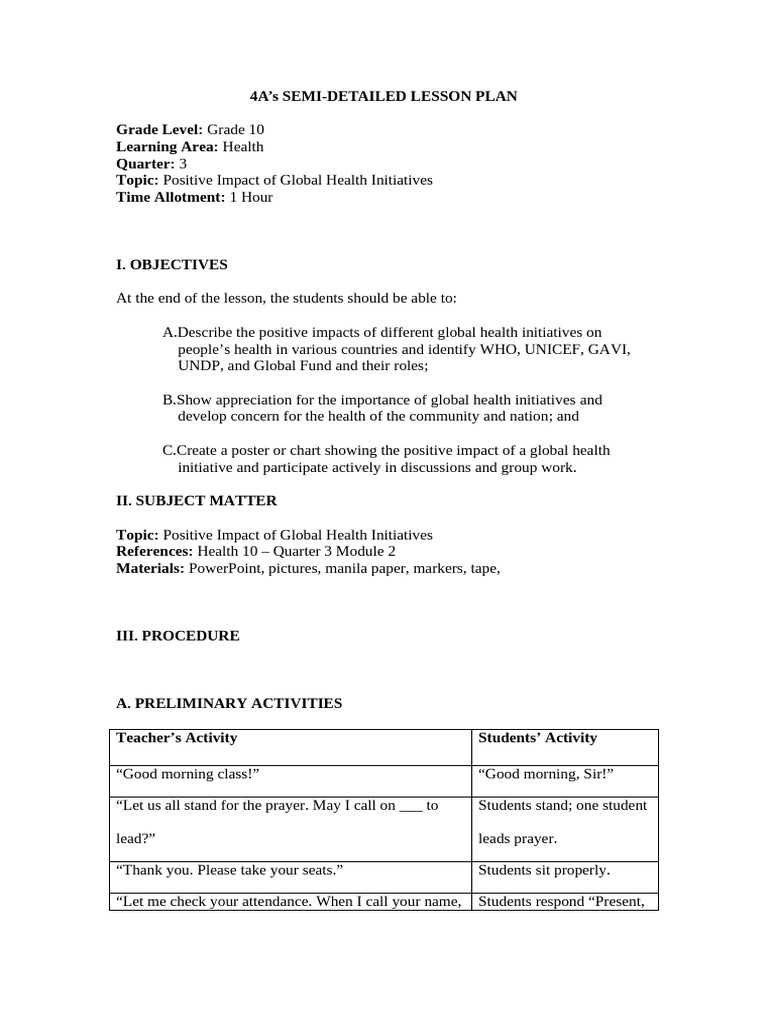 4 A's Detailed Lesson Plan - Health BNHS | PDF | World Health ...