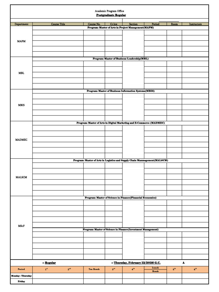 1st Year and Above 2nd Semester Class Schedule For Regular PG Students ...
