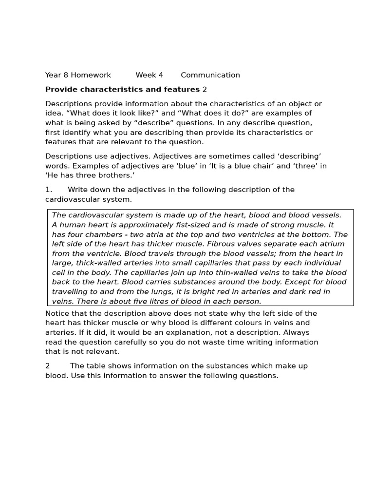 Year 8 Homework Week 4 | PDF | Heart | Circulatory System