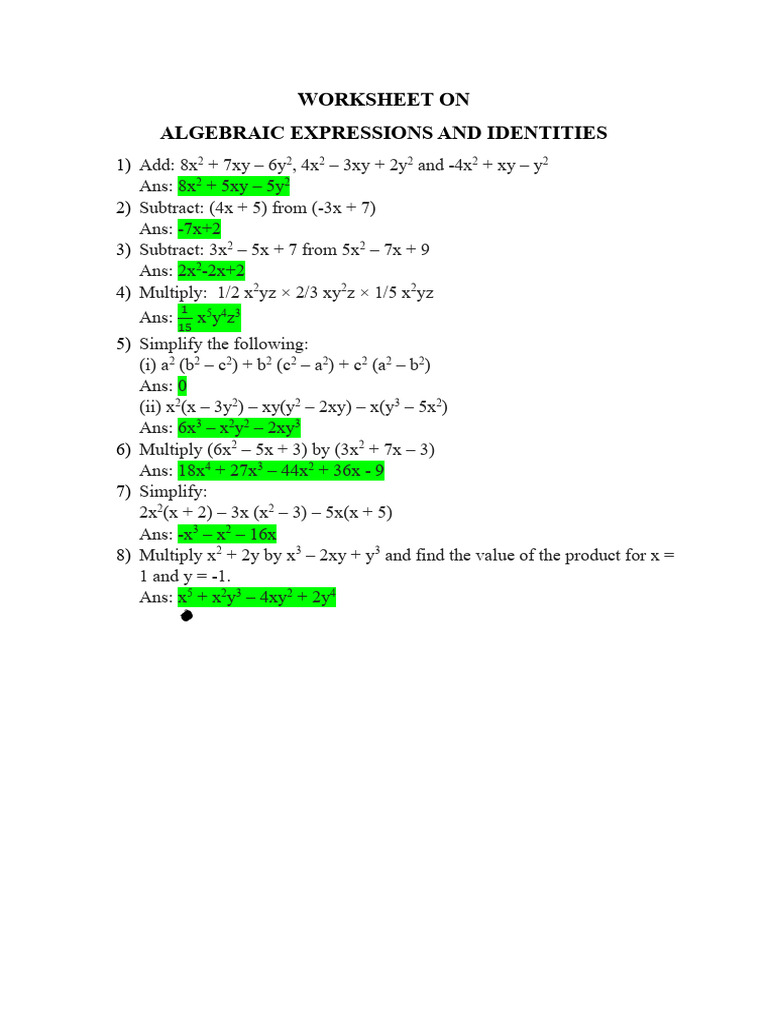 Algebraic Expressions Class 8 | PDF
