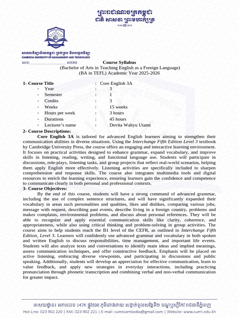 CourseSyllabus CoreEnglish3A Ms Devita | PDF | Clause | Adjective