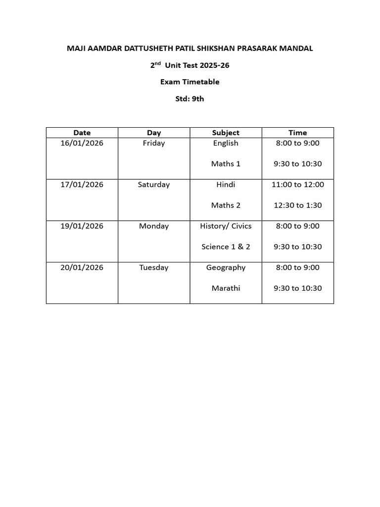 2nd Unit Timetable 9th | PDF