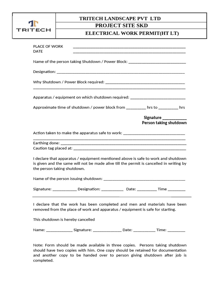TT Electrical Work Permit (HT LT) | PDF