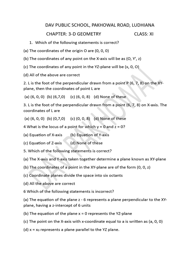 3-D Geometry Assignment Xi | PDF | Cartesian Coordinate System | Geometry