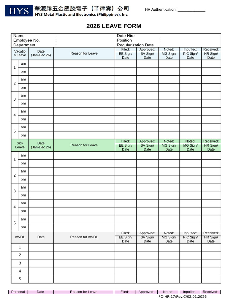 FO-HR-17 Rev.C Leave Form | PDF