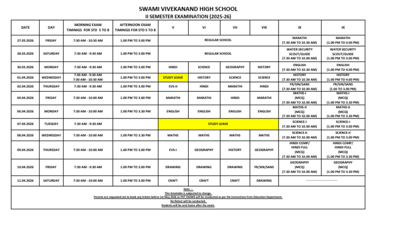 2nd Semester Exam Timetable 25 - 26 - Afternoon Shift | PDF