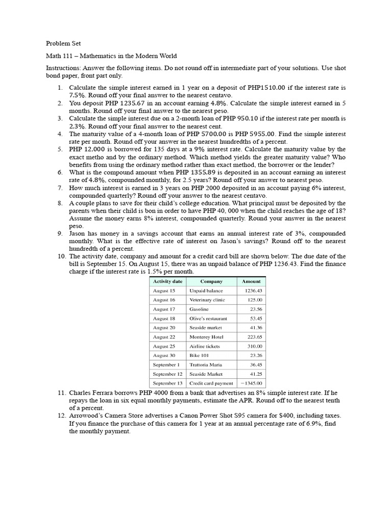 Problem Set Simple Compound Interest Credit Cards 1 | PDF | Interest ...