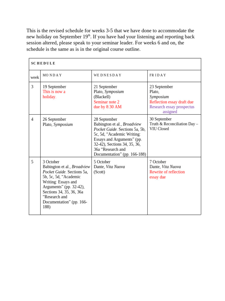 Revised Schedule For Weeks 3-5 | PDF