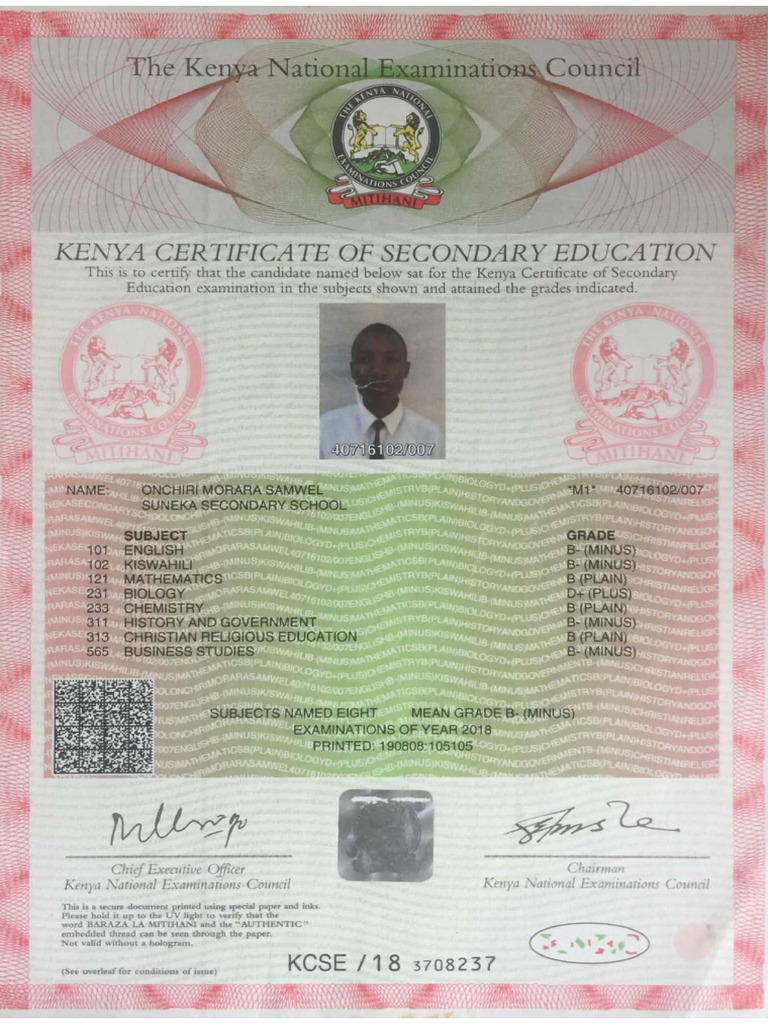 K.C.S.E Certificate | PDF
