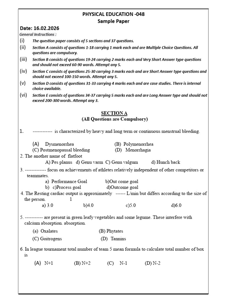 ALL SENIORS - PE Sample Paper (16.02.2026) | PDF | Skeletal Muscle