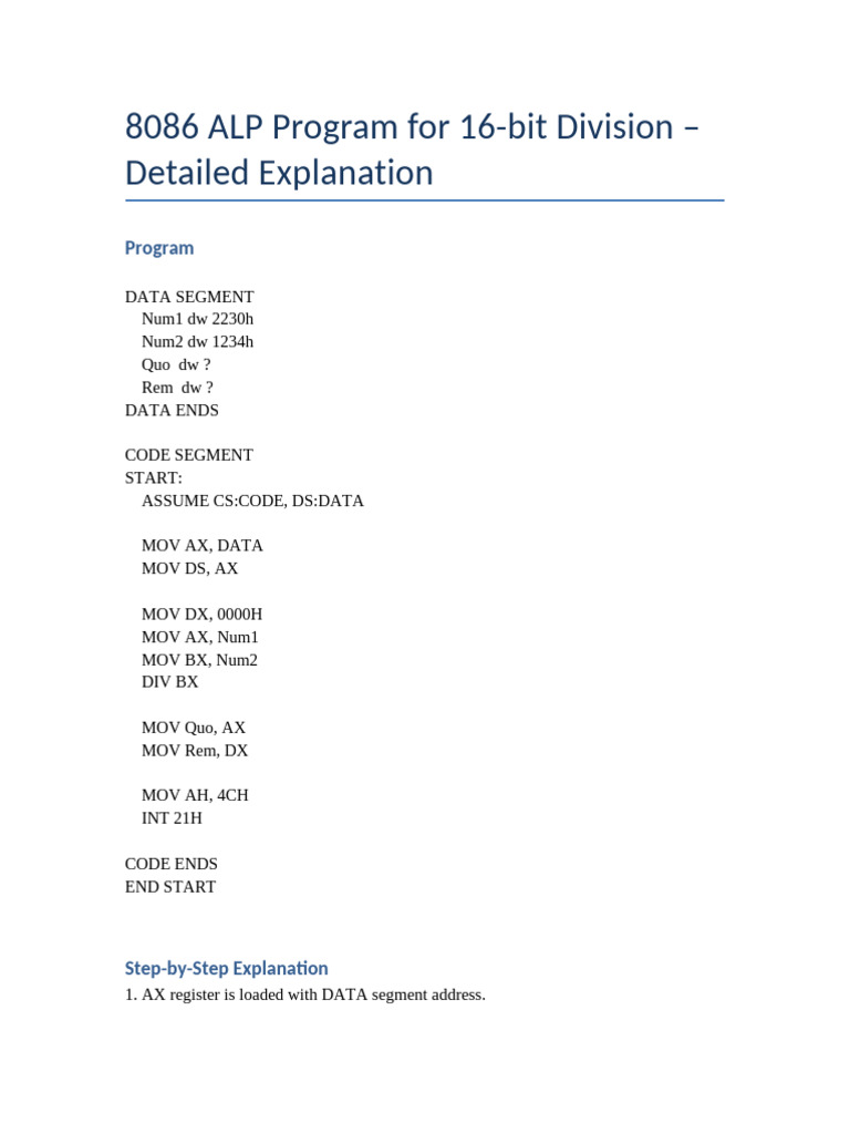 16bit Division ALP Step by Step | PDF