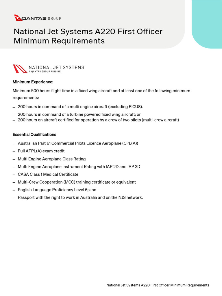 National Jet Systems A220 First Officer Minimum Requirements | PDF
