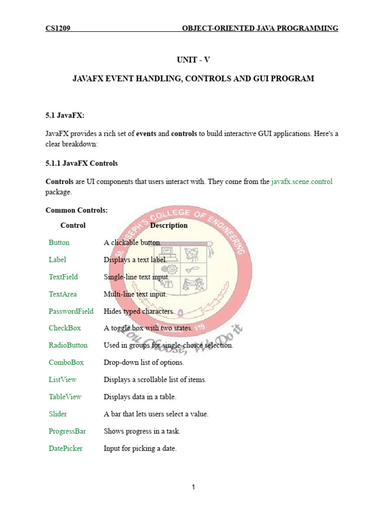 Unit - V Javafx Event Handling, Controls and Gui Program: CS1209 Object ...