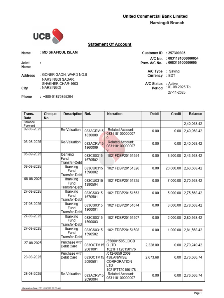 MD Shafiqul Islam-Ucb Bank Statement-1 | PDF | Banks | Debit Card