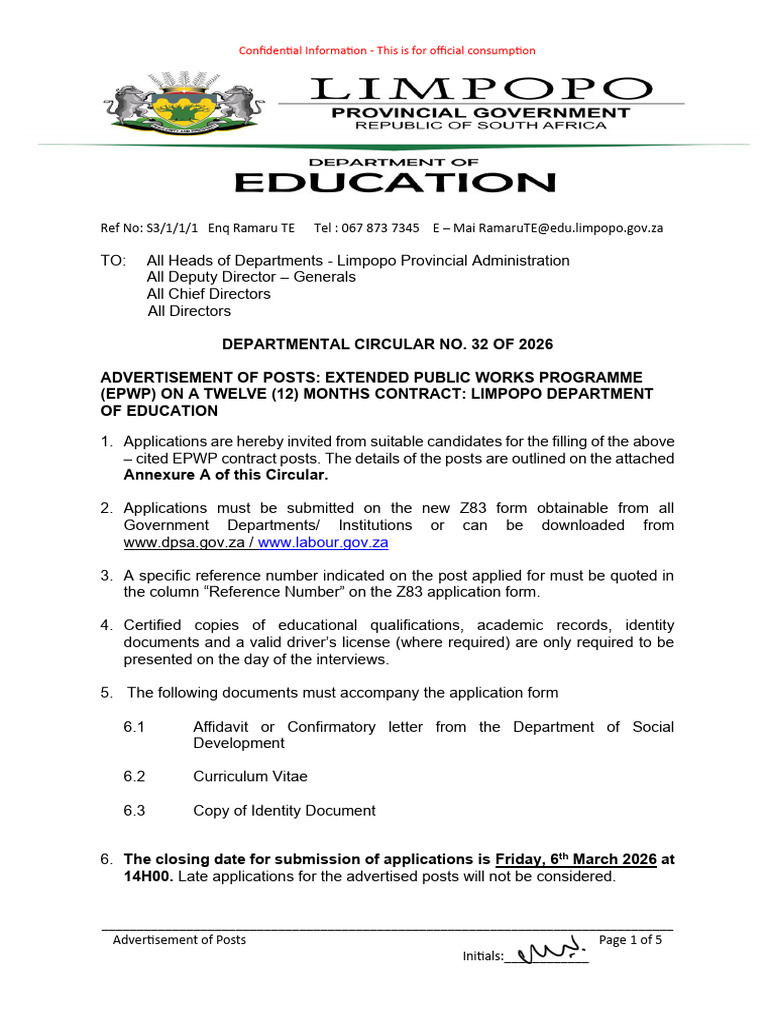 Departmental Circular No. 32 of 2026 Advertisement EPWP 12 Months ...