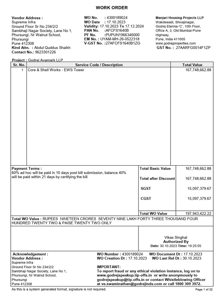 Supreme Infra - Work Order-4300189024-EWS Tower | PDF | Concrete ...