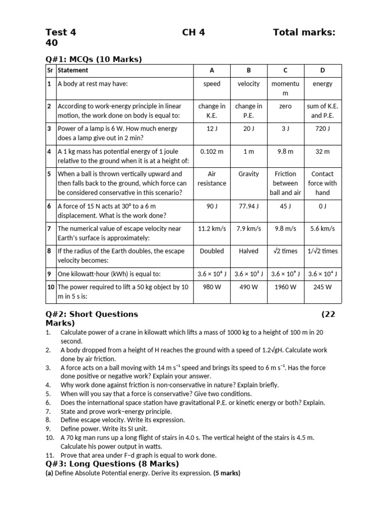PHYSICS XI Test 4 CH 4 Total Marks 40 | PDF | Force | Mass
