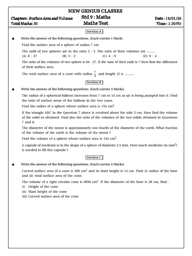 MathsTest D17 Jan 2026 | PDF | Sphere | Area