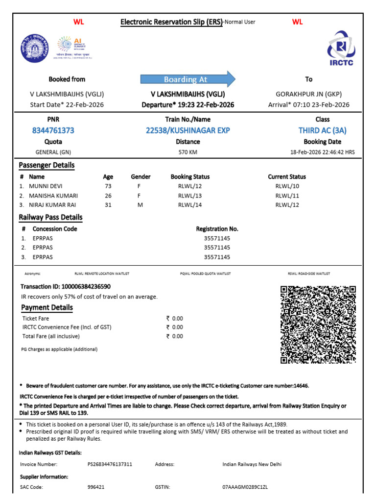22538/kushinagar Exp Third Ac (3A) : WL WL | PDF | Identity Document