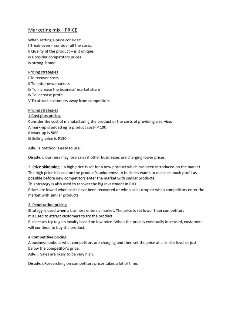Marketing Mix Price Igcse | PDF