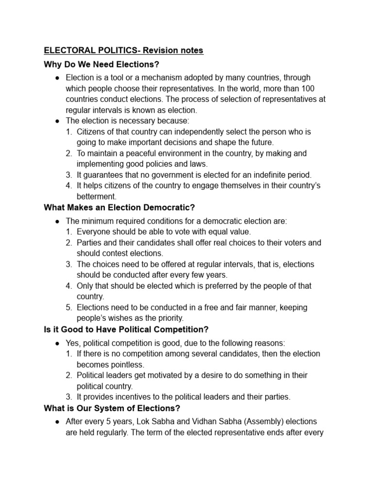 Electoral Politics - Revision Notes | PDF | Elections | Electoral District