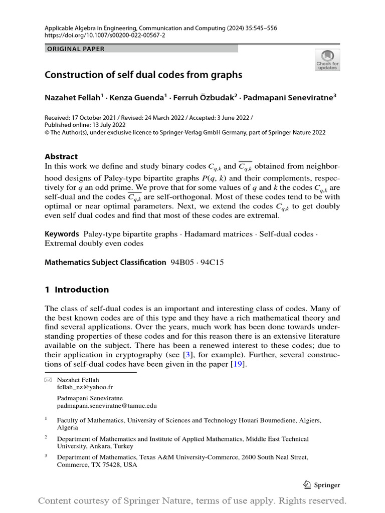 Construction of Self Dual Codes From Graphs | PDF | Discrete ...