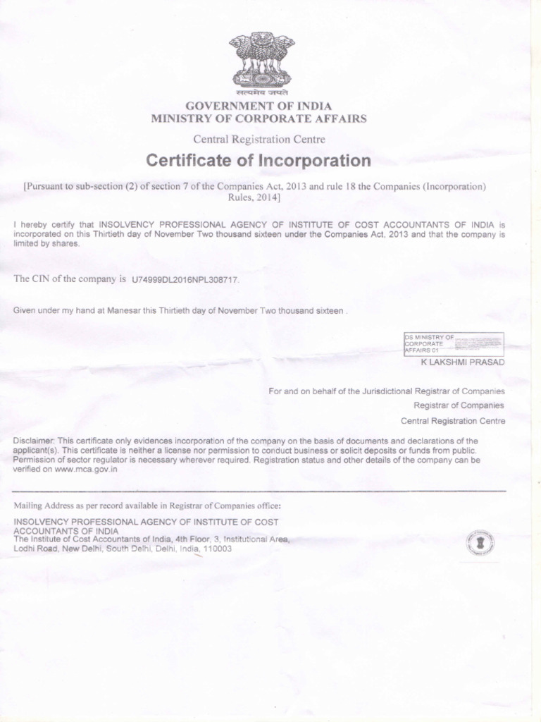 Certificate Incorporation | PDF