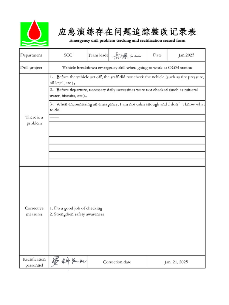Emergency Drill Problem Tracking and Rectification Record Form2025.1 | PDF