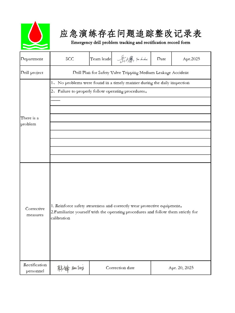 SCC-Emergency Drill Problem Tracking and Rectification Record Form2025 ...