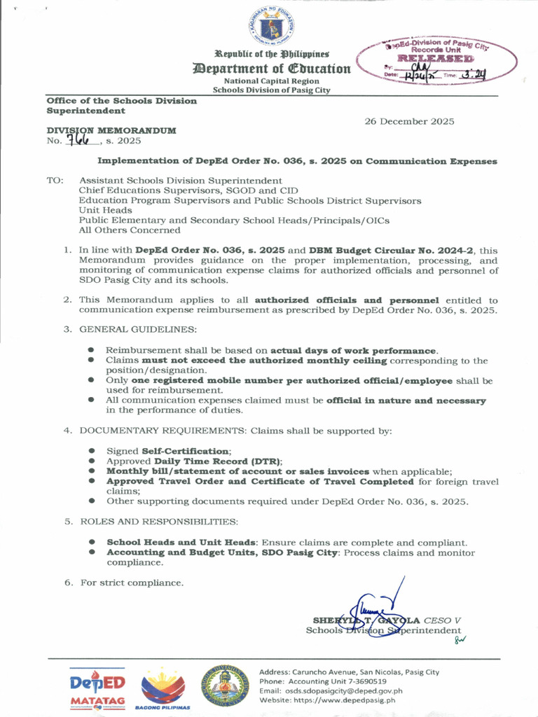 DM No. 766 S. 2025 Implementation of Deped Order No. 036 S. 2025 On ...