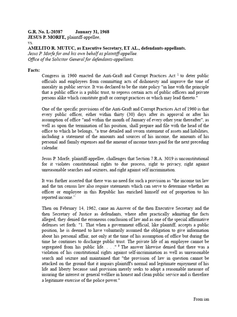 Case Digest #3 - Jesus P. Morfe vs. Amelito R. Mutuc From Ian | PDF ...