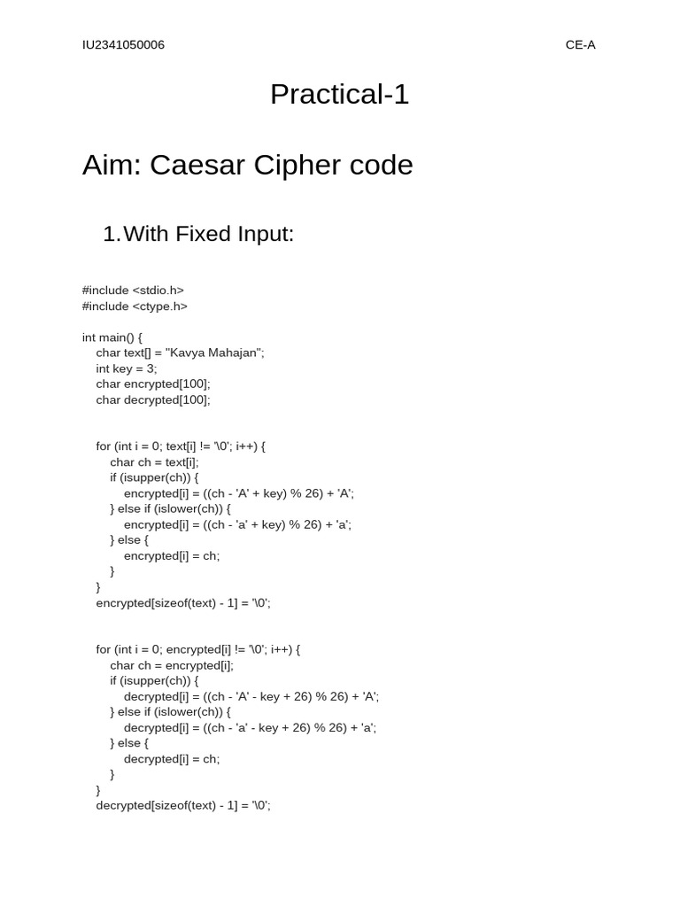 IU2341050006 Prac-1 Caeser Cipher | PDF | Encryption | Cipher
