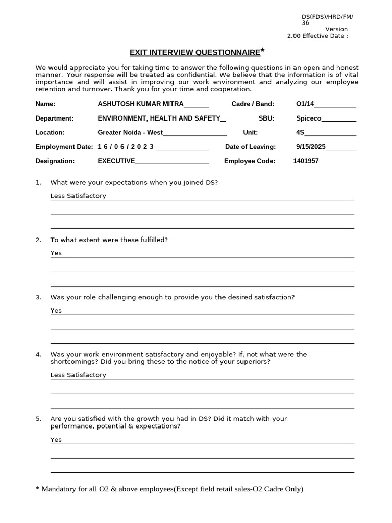 36 Exit Interview Questionnaire V2.00 (F) | PDF | Employment ...