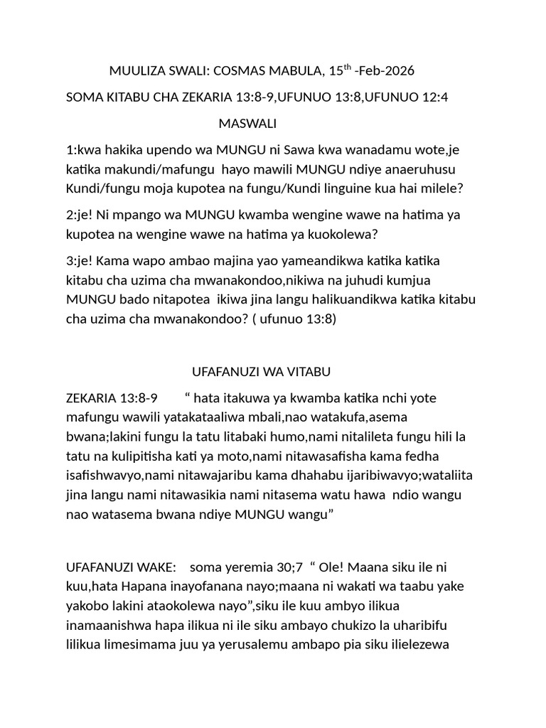 Swali Lililoulizwa Jumapili | PDF